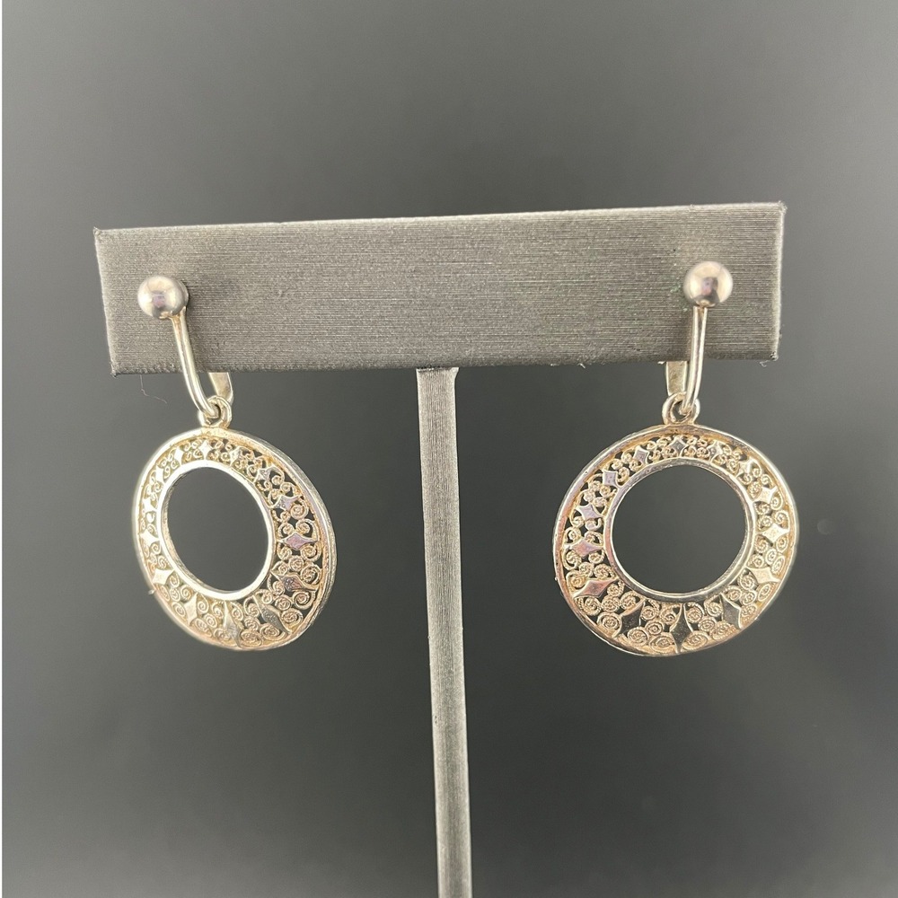 Vintage Sterling Silver Filigree Circle Drop Hoop Clip-On Earrings mid century